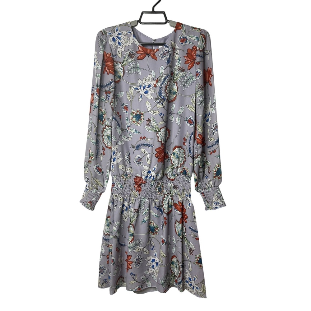 Parker NY Floral Print Mini Dress Violet Garden Smocked Waist Casual Cocktail XS
